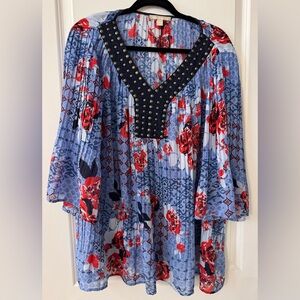 #9038 Woman Within Studded Red White Blue Floral Chiffon Blouse Bell Sleeves
